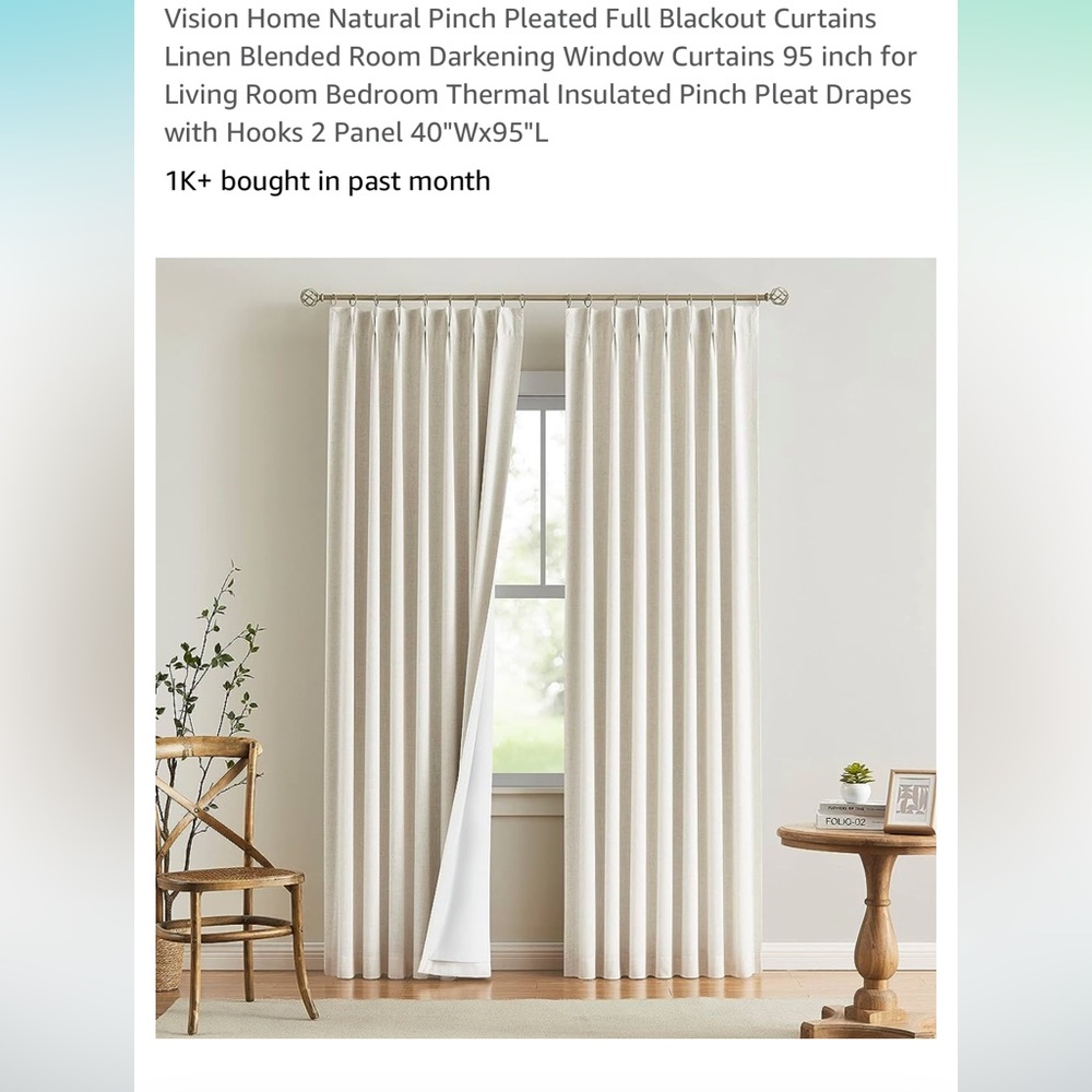 Vision Home Thermal Insulated Pinch Pleat Drapes w/ Hooks 2 Panel 40"Wx95"L